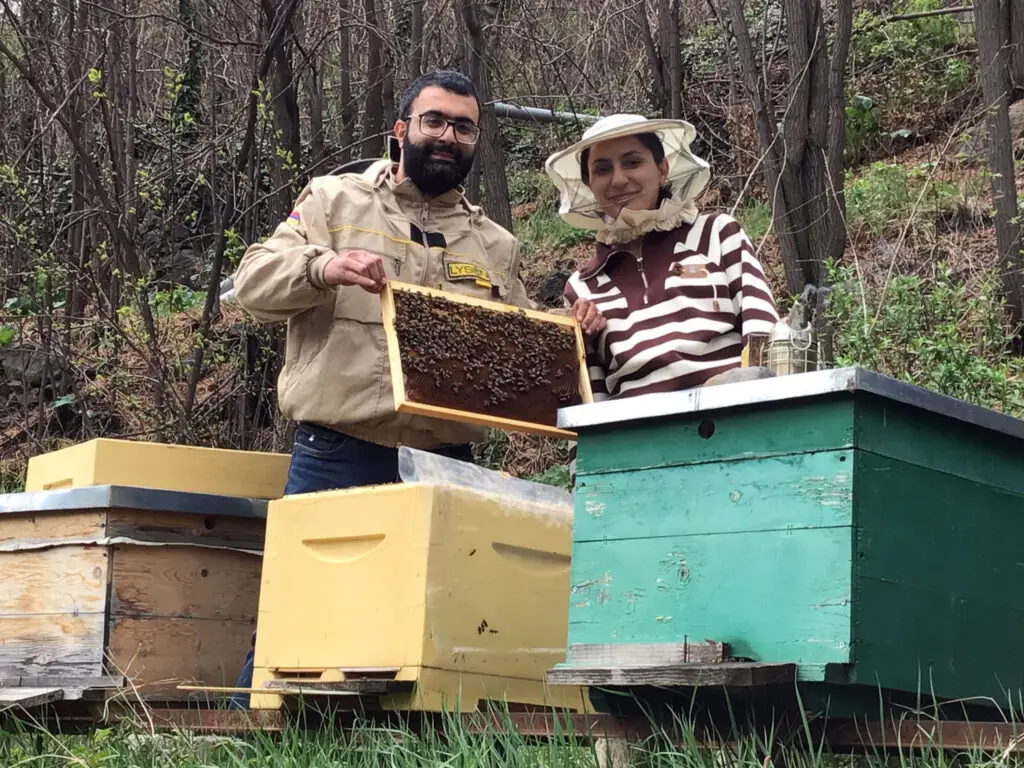 Vigen und Sona Manatskanyan bei der Bienenarbeit